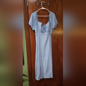 SHEIN Light Blue Puff Sleeve Maxi Dress with Tie-Front